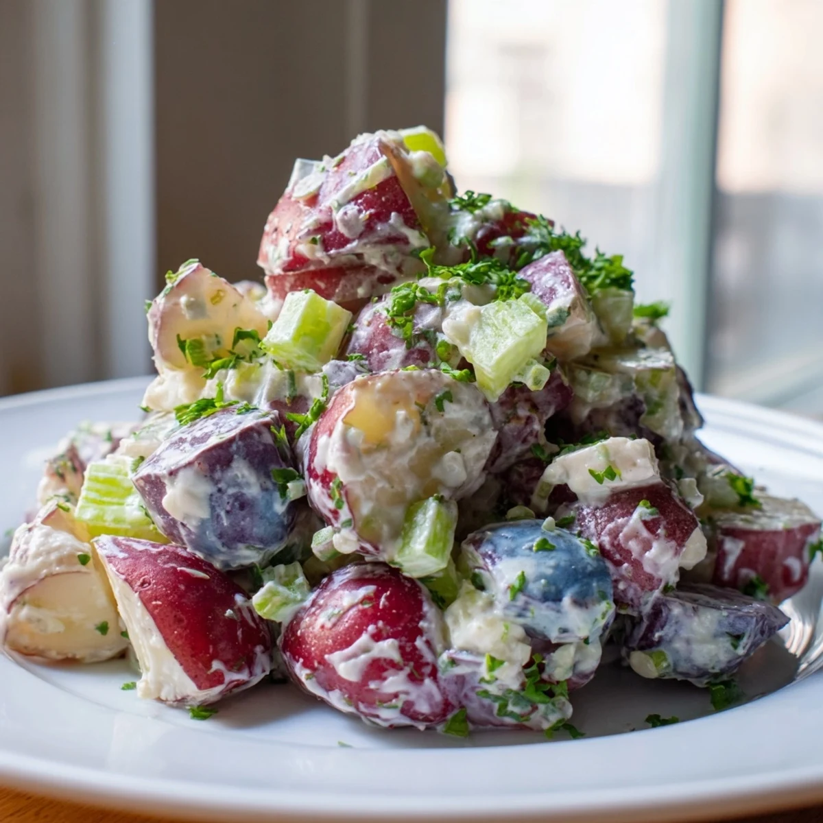 Festive red white and blue potato salad garnished with fresh chives and parsley on a platter