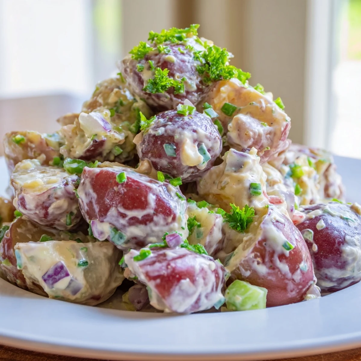 Creamy red white and blue potato salad with tender chunks tossed in Dijon mustard dressing