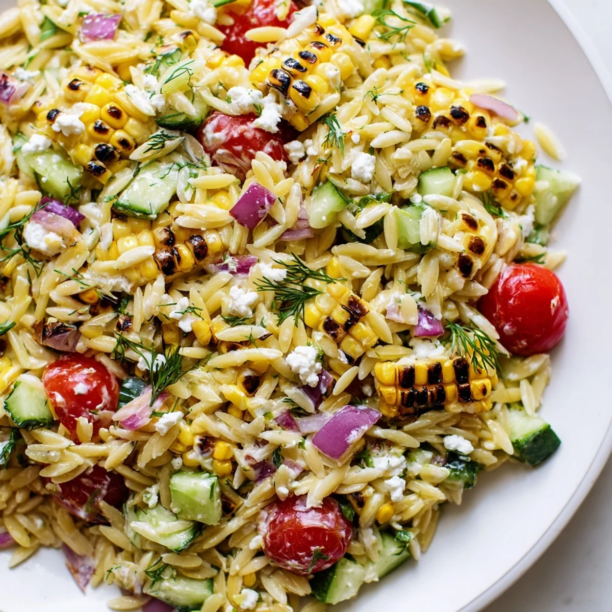 Grilled corn orzo salad with juicy tomatoes and creamy scallion dill dressing drizzled on top