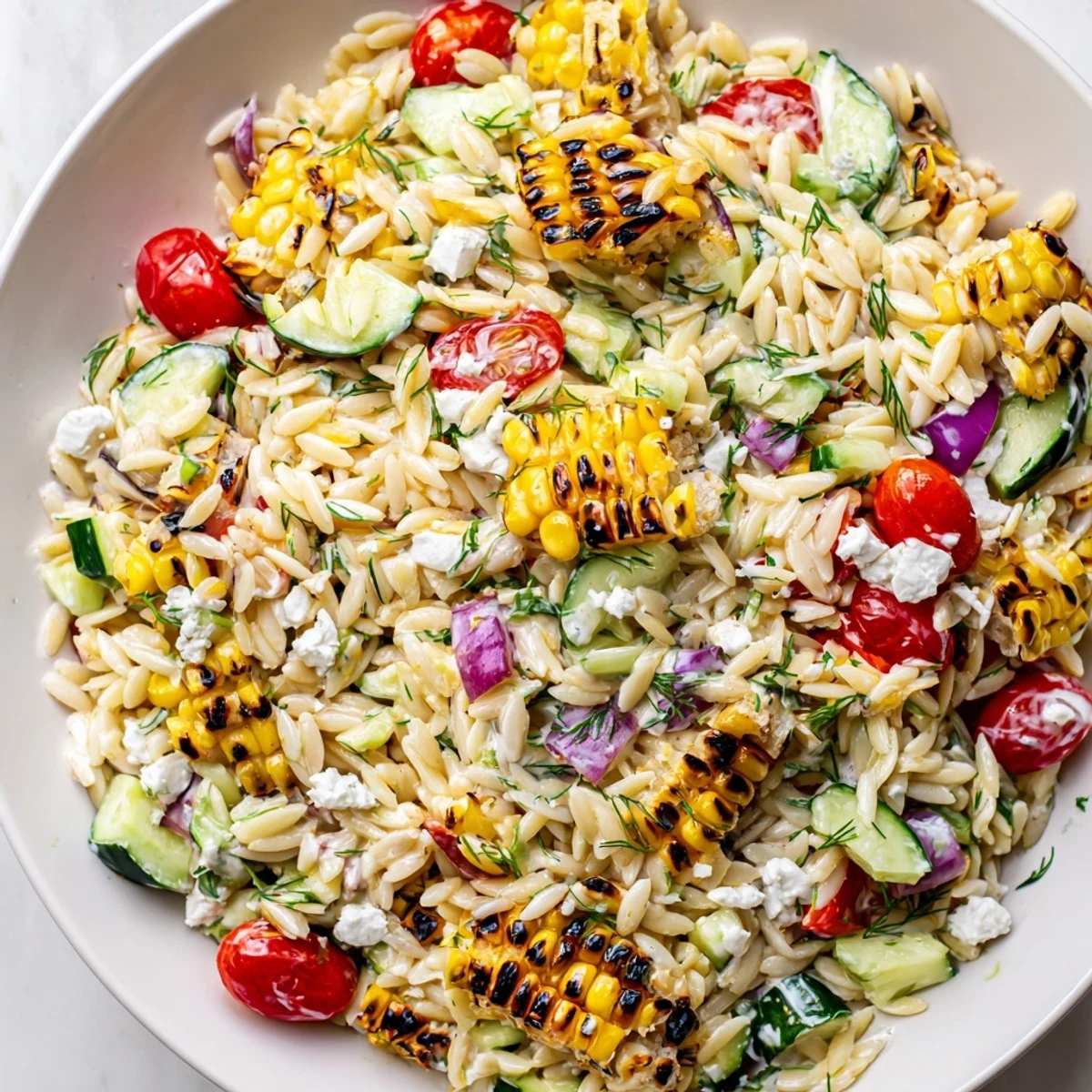 A bowl of grilled corn orzo salad topped with crumbled feta and fresh dill