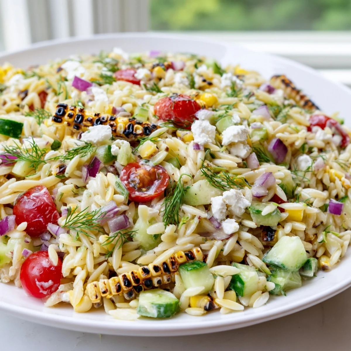 A close-up of grilled corn orzo salad served on a rustic wooden picnic table