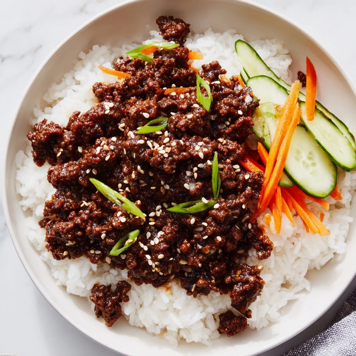 Korean ground beef bowl with sesame seeds, fresh cucumbers, and steamed white rice