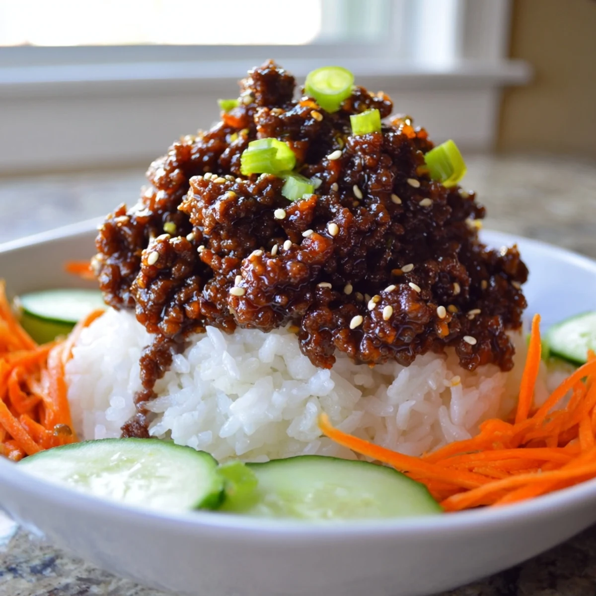 Savory Korean ground beef bowl topped with julienned carrots, scallions, and sesame