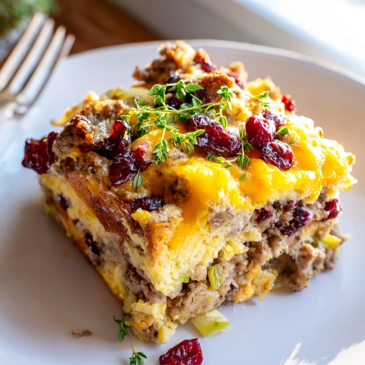 Cranberry sausage stuffing breakfast casserole topped with melted cheddar and fresh parsley