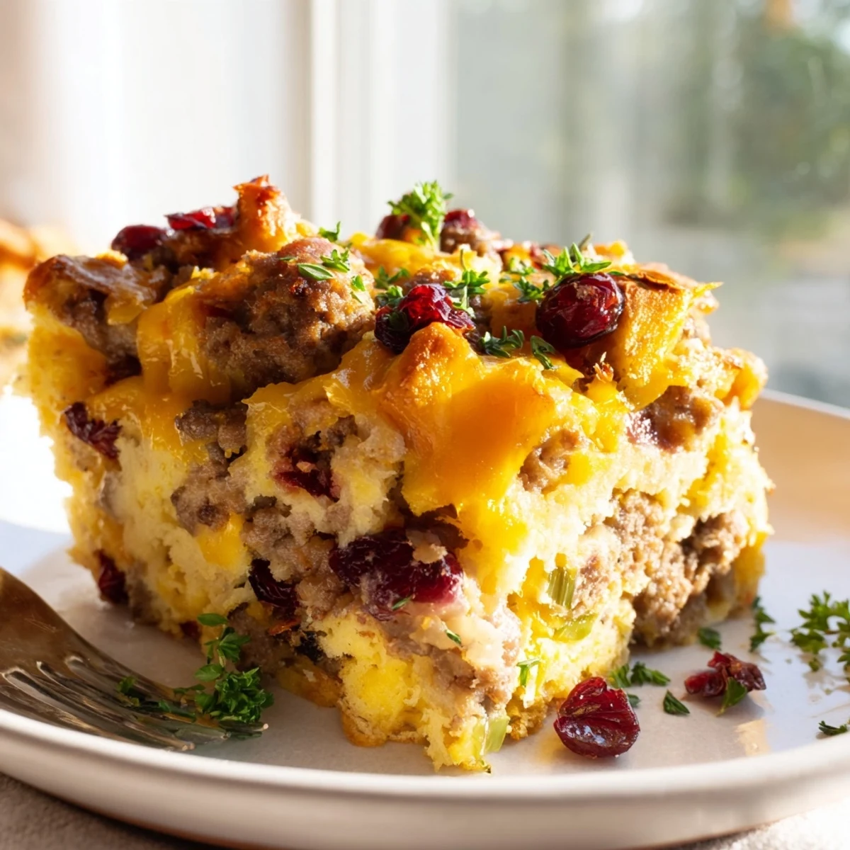 Golden cranberry sausage stuffing breakfast casserole fresh from the oven with bubbling cheese