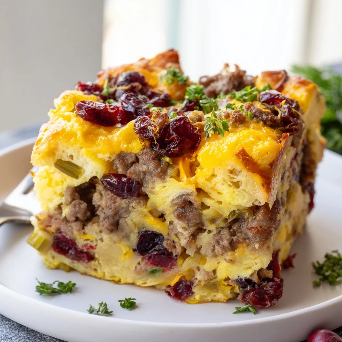 Steaming spoonful of cranberry sausage stuffing breakfast casserole on a white plate