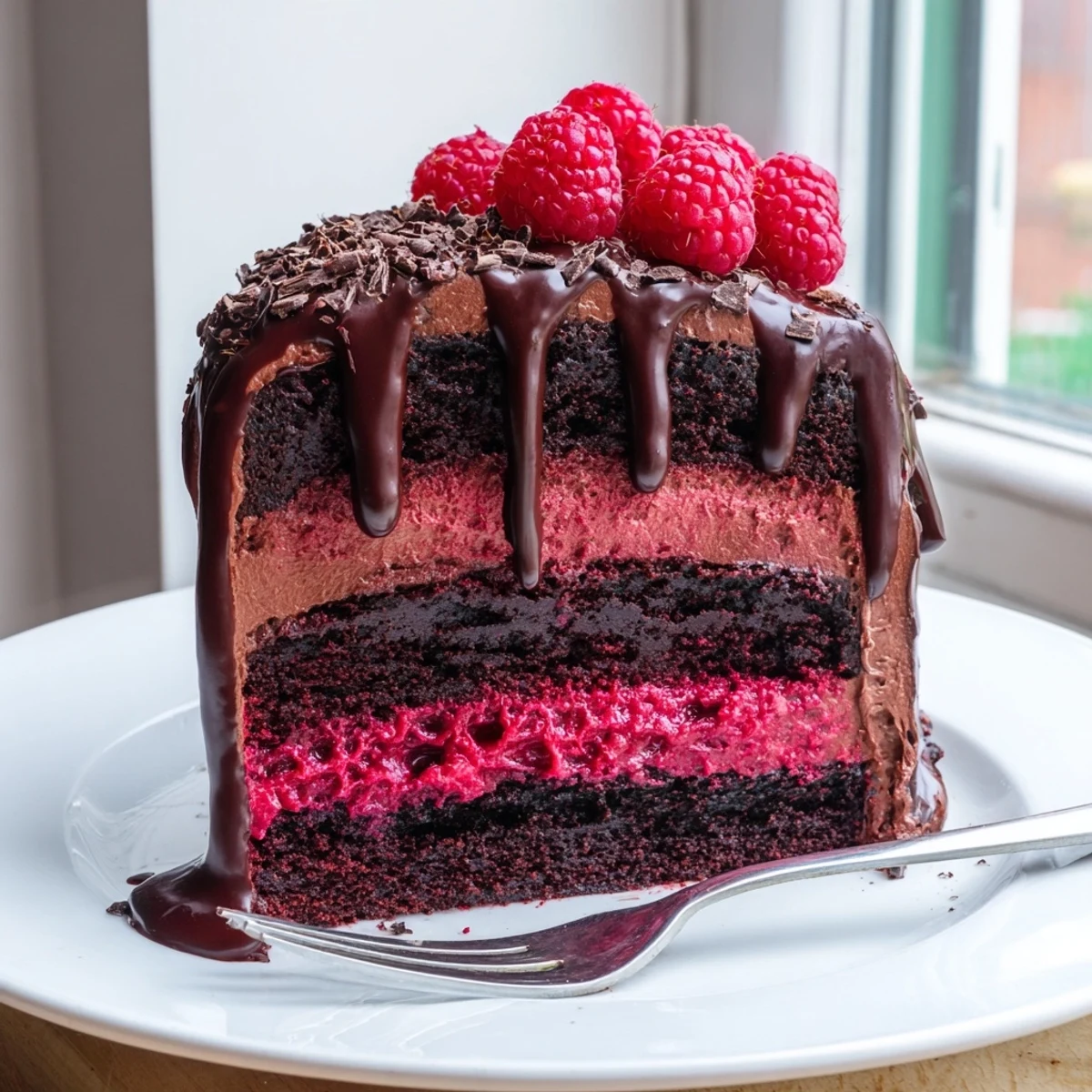 Rich raspberry chocolate mousse cake sliced to reveal layers of silky ganache and berries