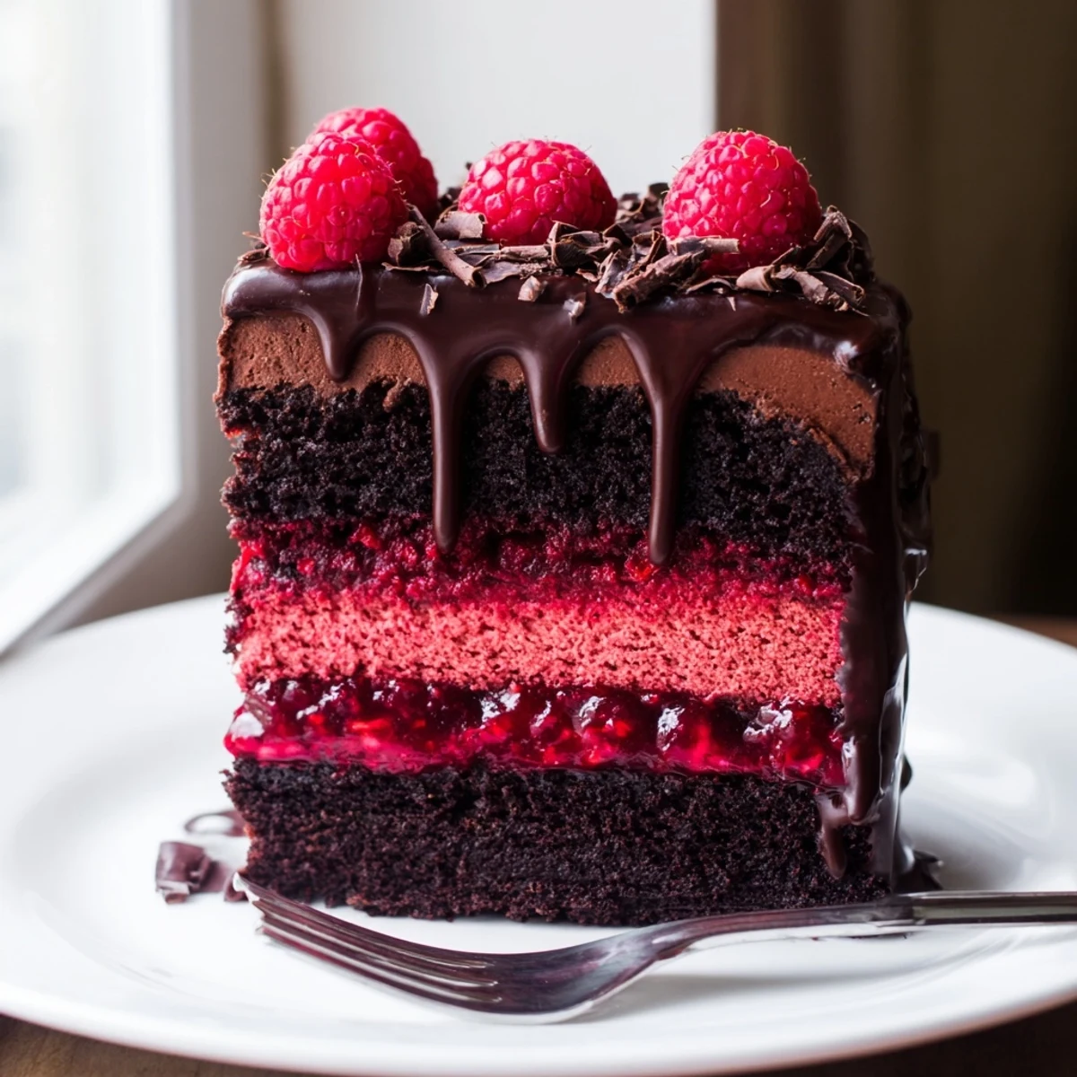 Decadent raspberry chocolate mousse cake topped with glossy ganache and fresh ripe raspberries