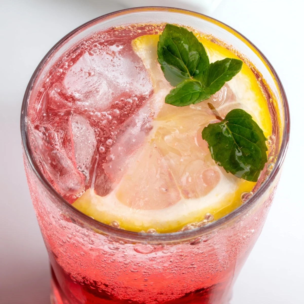 Bubbly honey lemon pink soda in a glass garnished with lemon slices