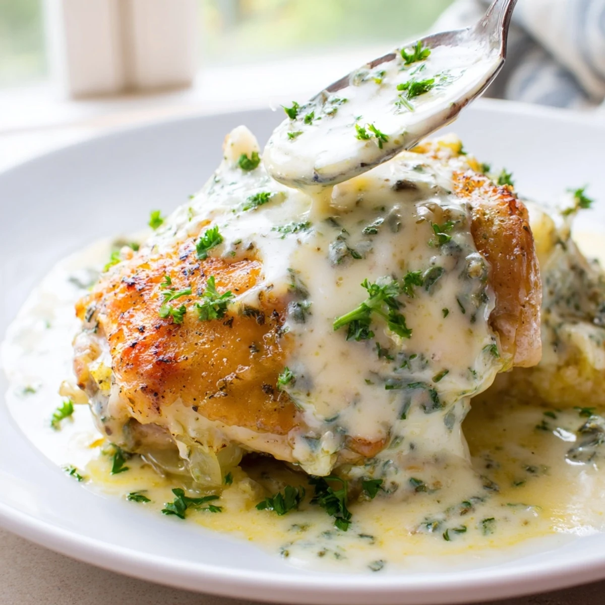 Golden crispy chicken thighs nestled in a velvety garlic cream sauce with fresh herbs sprinkled on top.
