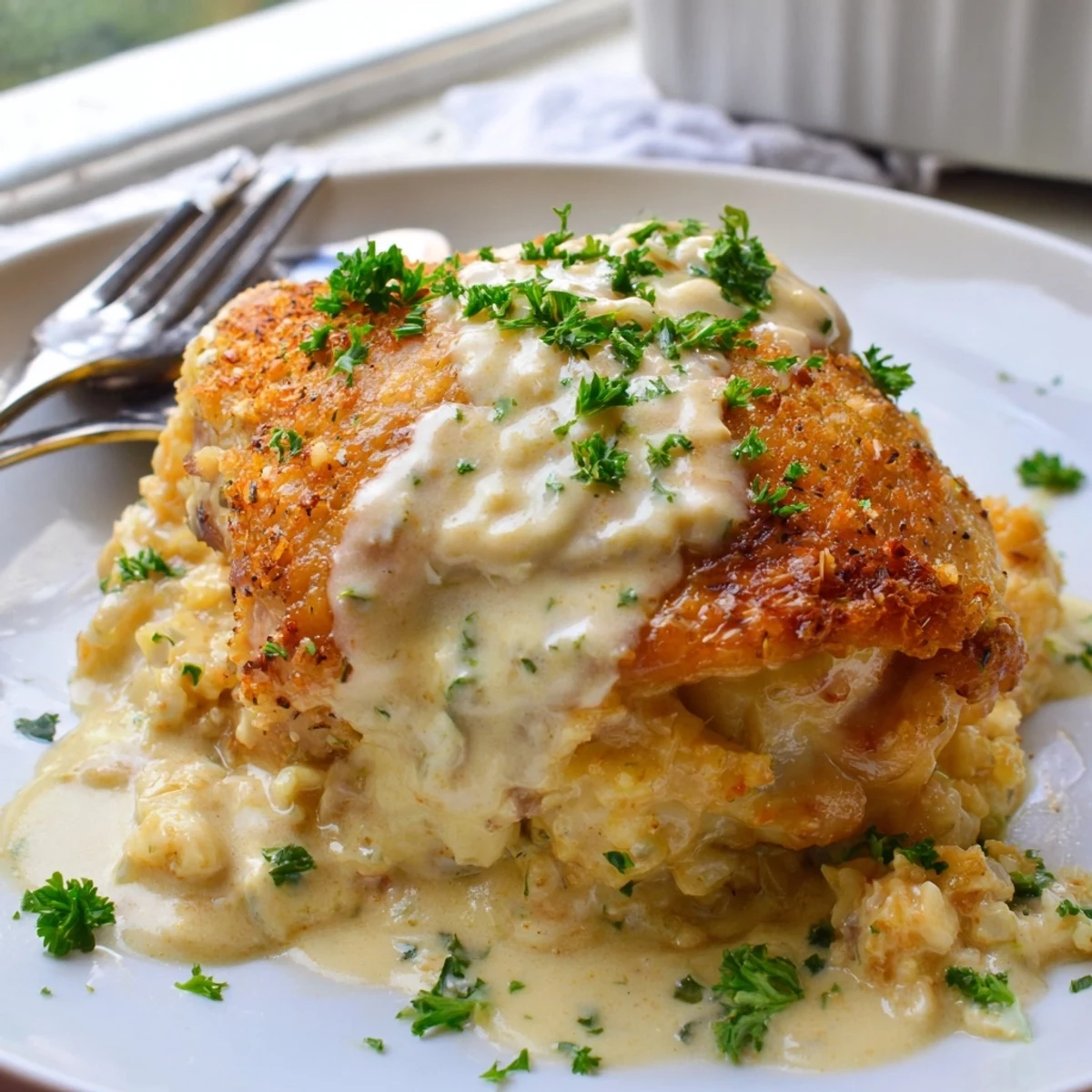 Creamy oven baked chicken thighs with golden brown skin resting in a rich, herb-infused white sauce.
