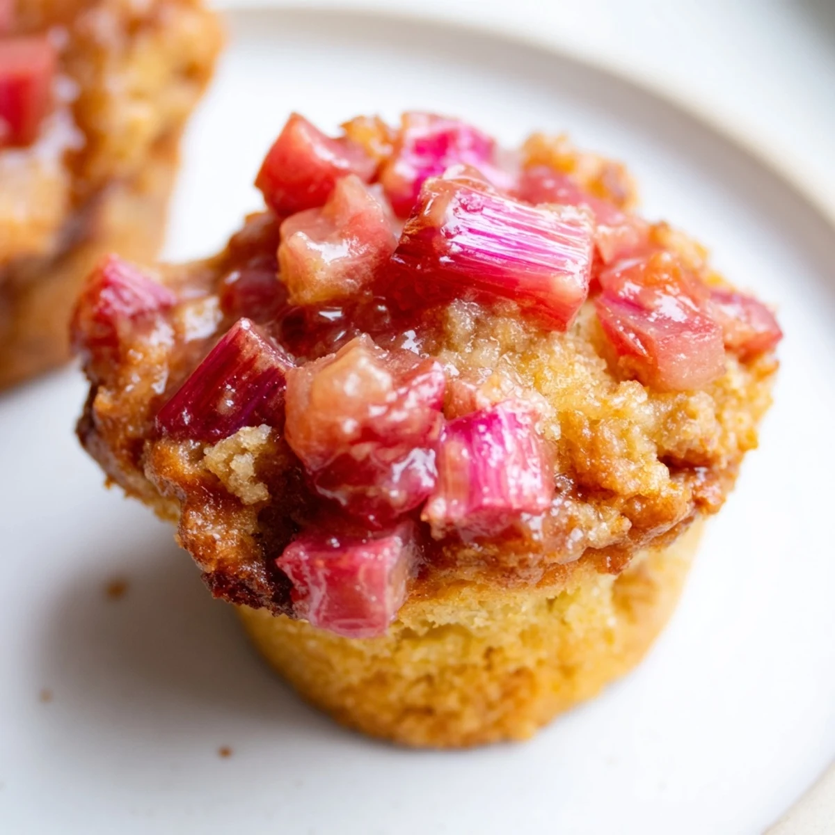 Golden upside down rhubarb muffins with caramelized pink fruit on a wire rack