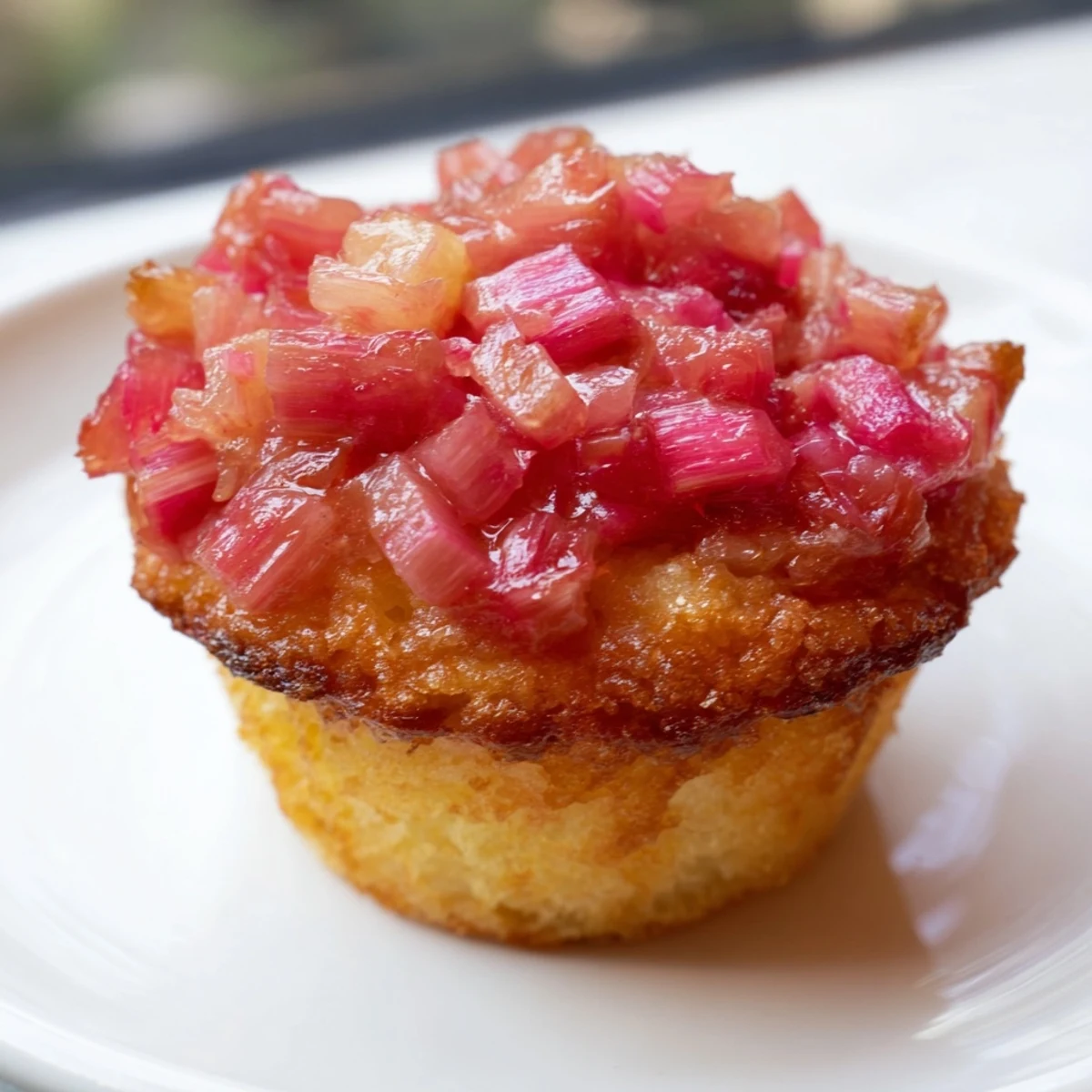 Warm upside down rhubarb muffins topped with sweet caramelized ruby red rhubarb