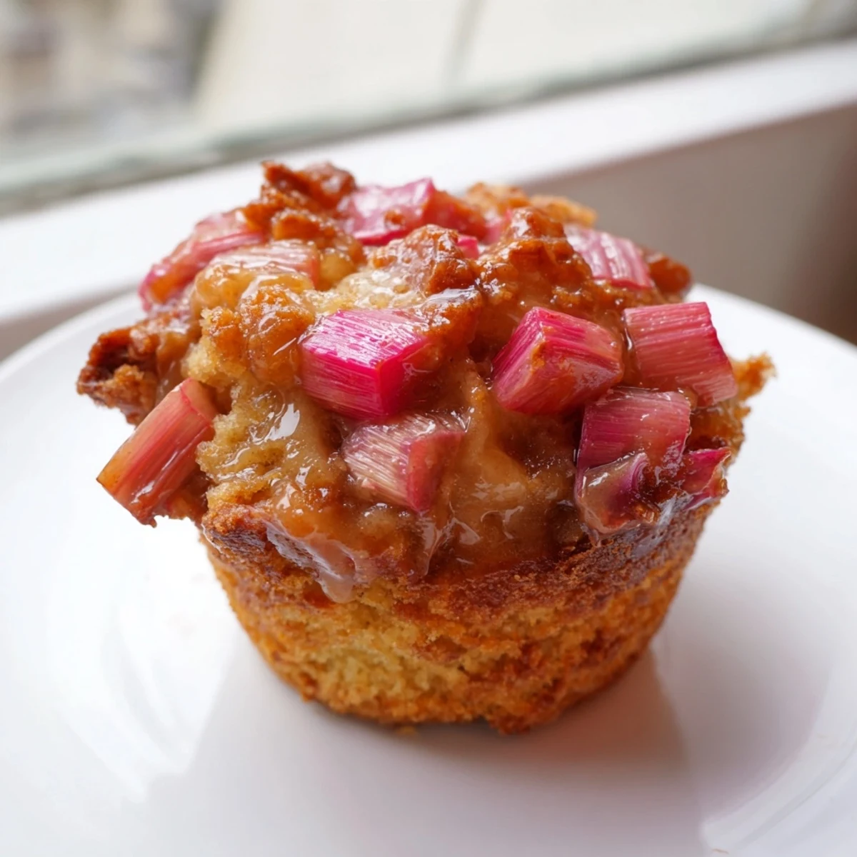 Tender upside down rhubarb muffins flipped to reveal glossy jewel-toned fruit