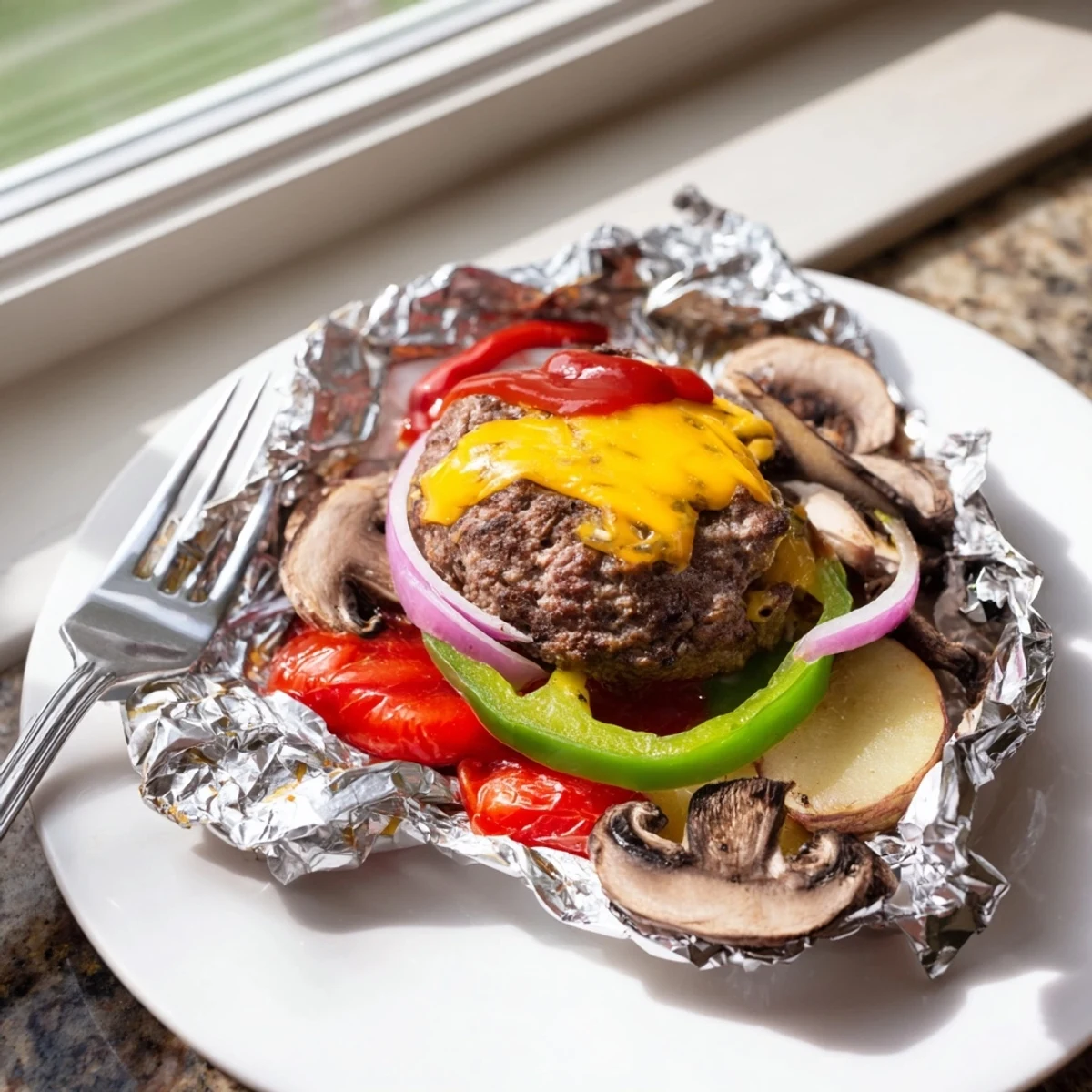 Steaming foil packets reveal juicy cheeseburger patties layered with tender potatoes and peppers