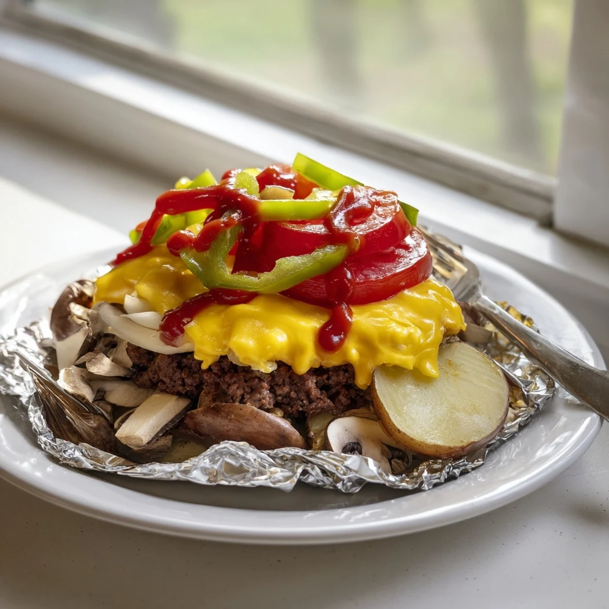 Cheeseburger hobo packets sizzling over an open campfire with melted cheddar