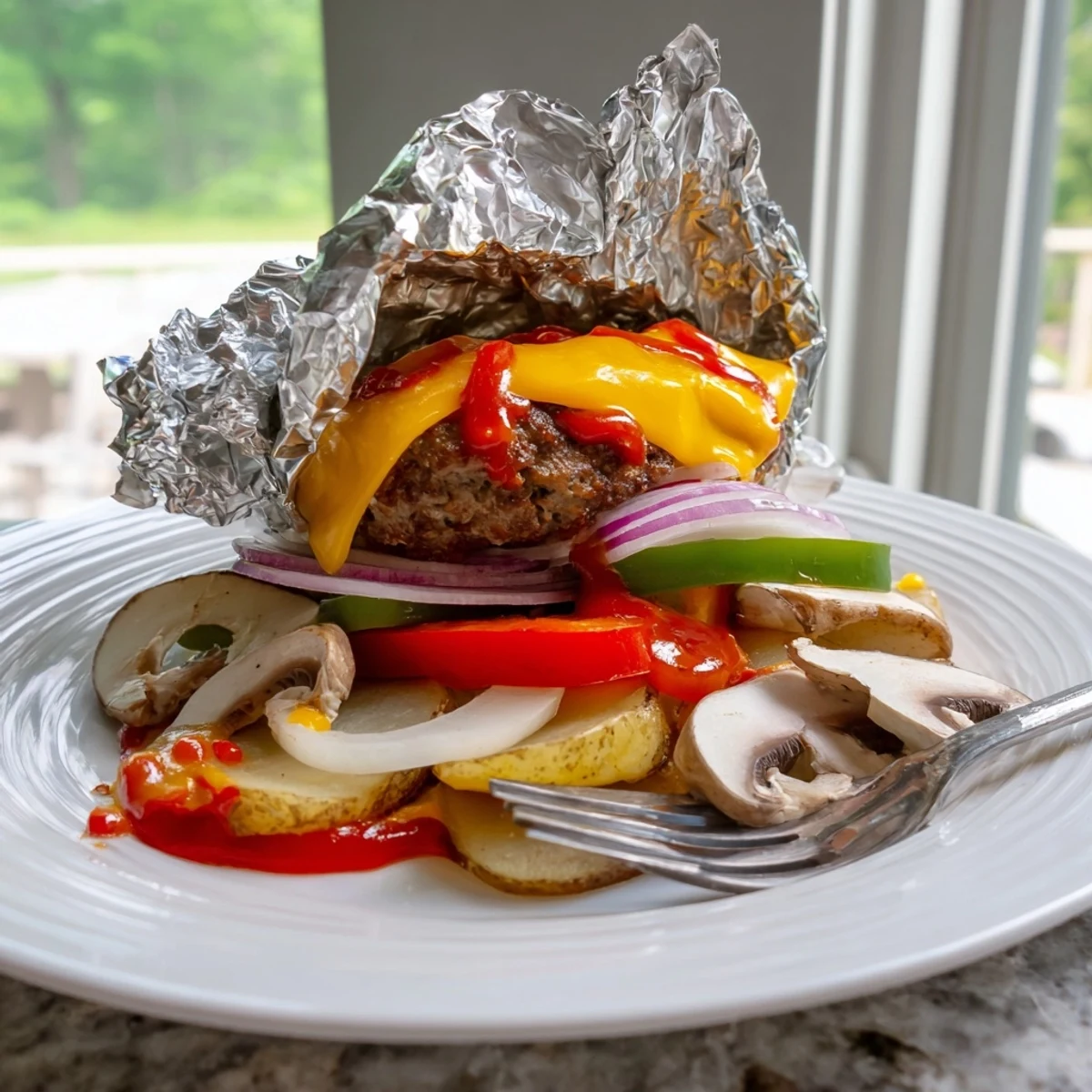 Golden cheeseburger hobo packets served open with caramelized veggies and gooey cheddar