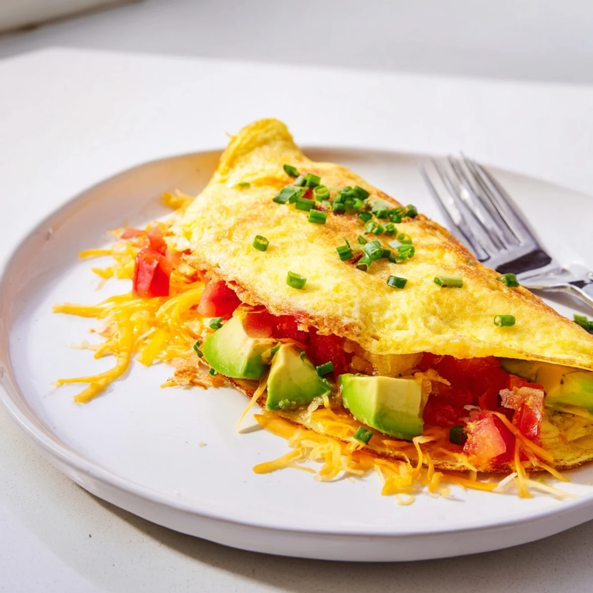 Golden cheesy tomato omelette folded over creamy diced avocado on a white plate