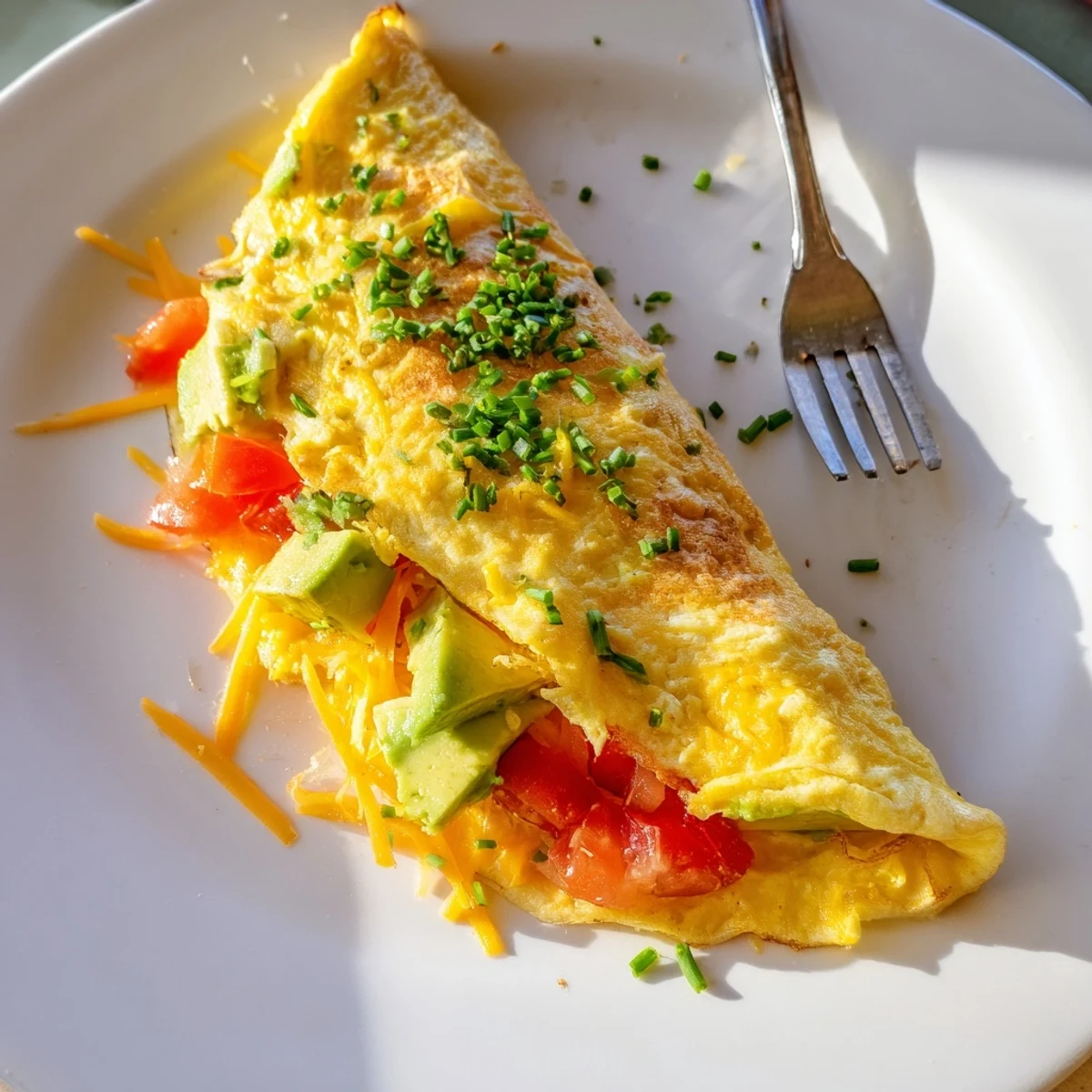 Creamy avocado cheesy tomato omelette topped with fresh chives and melted cheddar