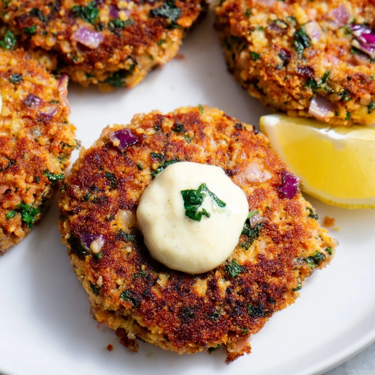 Golden pan-fried lemon garlic Alaska salmon cakes drizzled with creamy homemade aioli