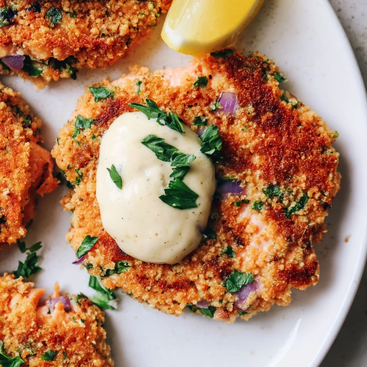 Crispy lemon garlic Alaska salmon cakes served warm with tangy garlic dipping sauce