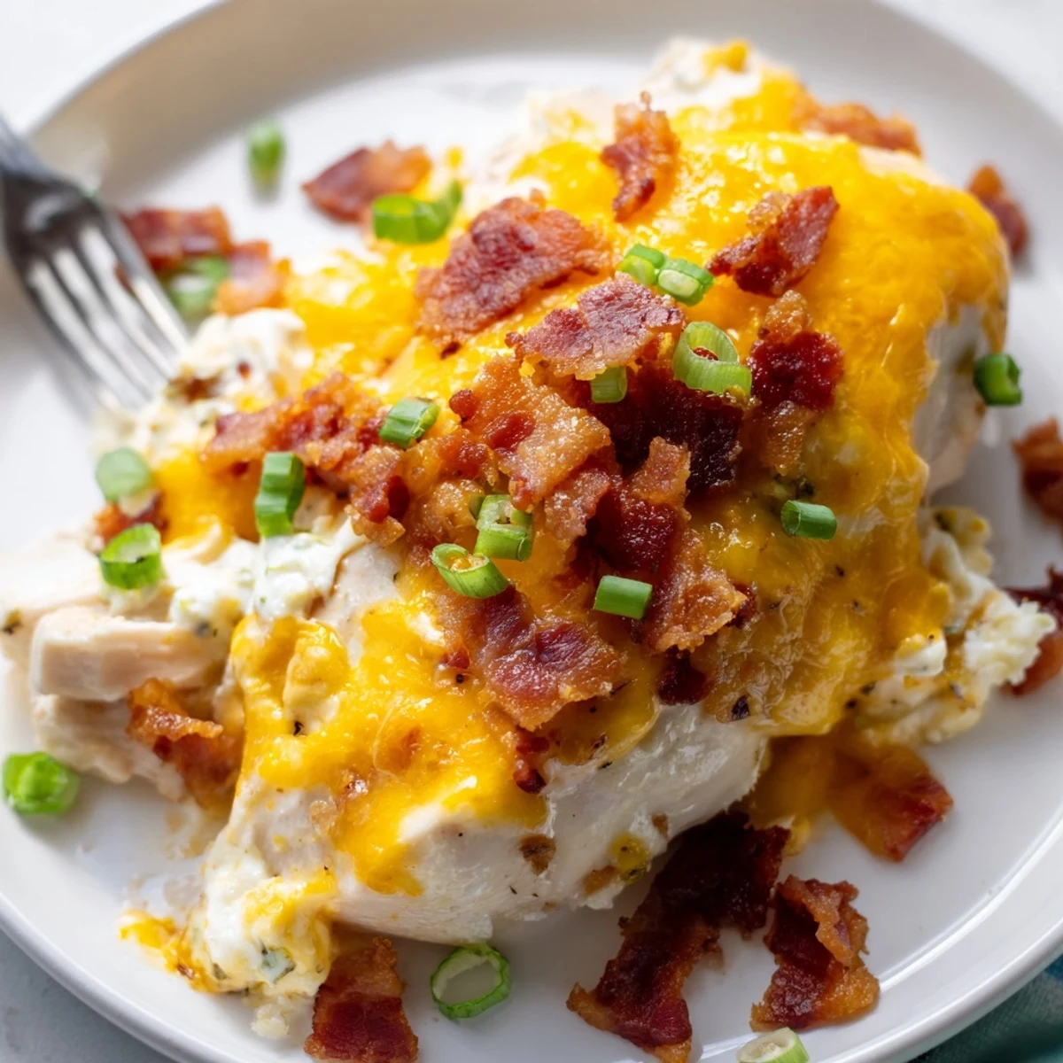 Golden baked crack chicken bubbling with melted cheddar and crispy bacon bits
