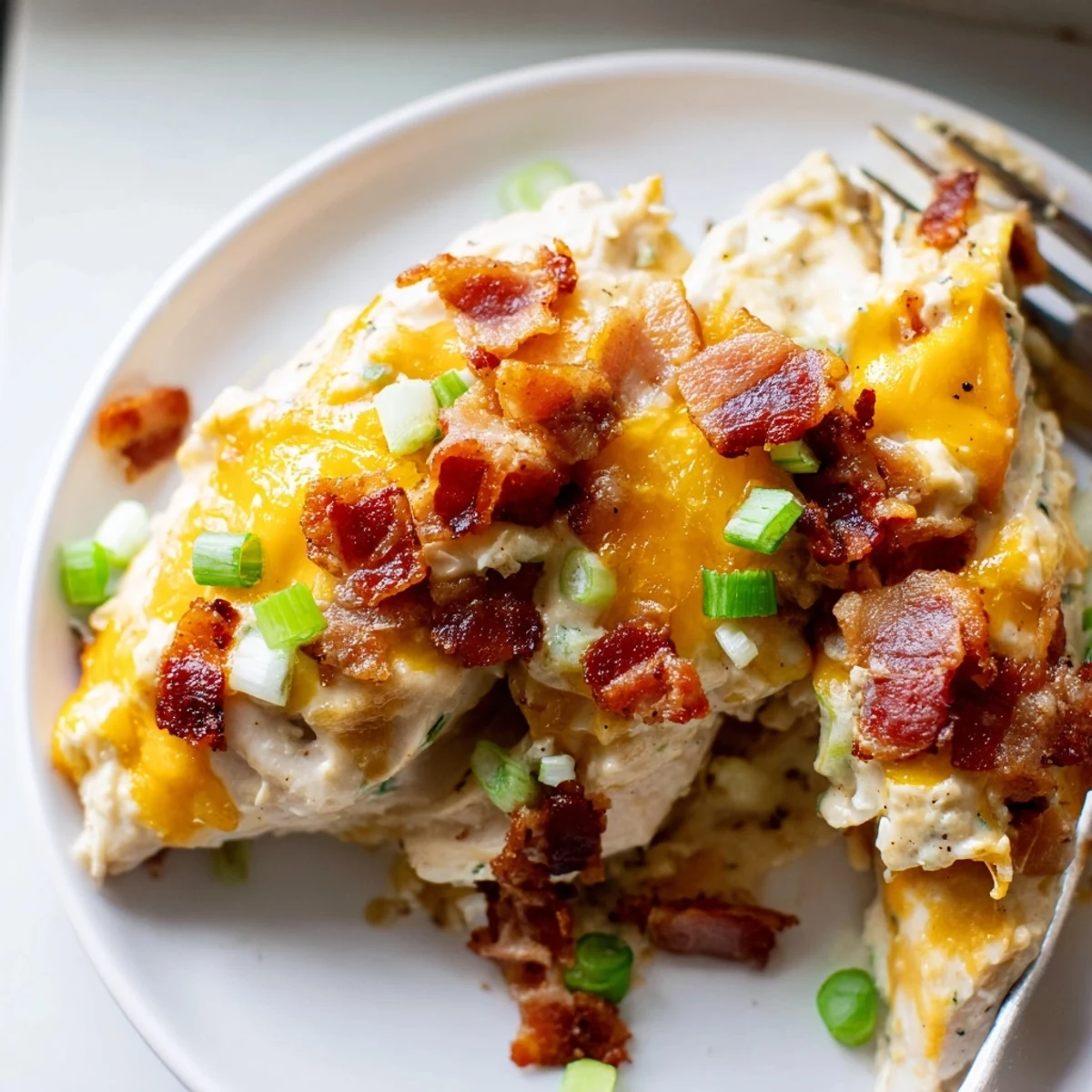 Creamy baked crack chicken smothered in rich ranch cheese sauce with bacon topping