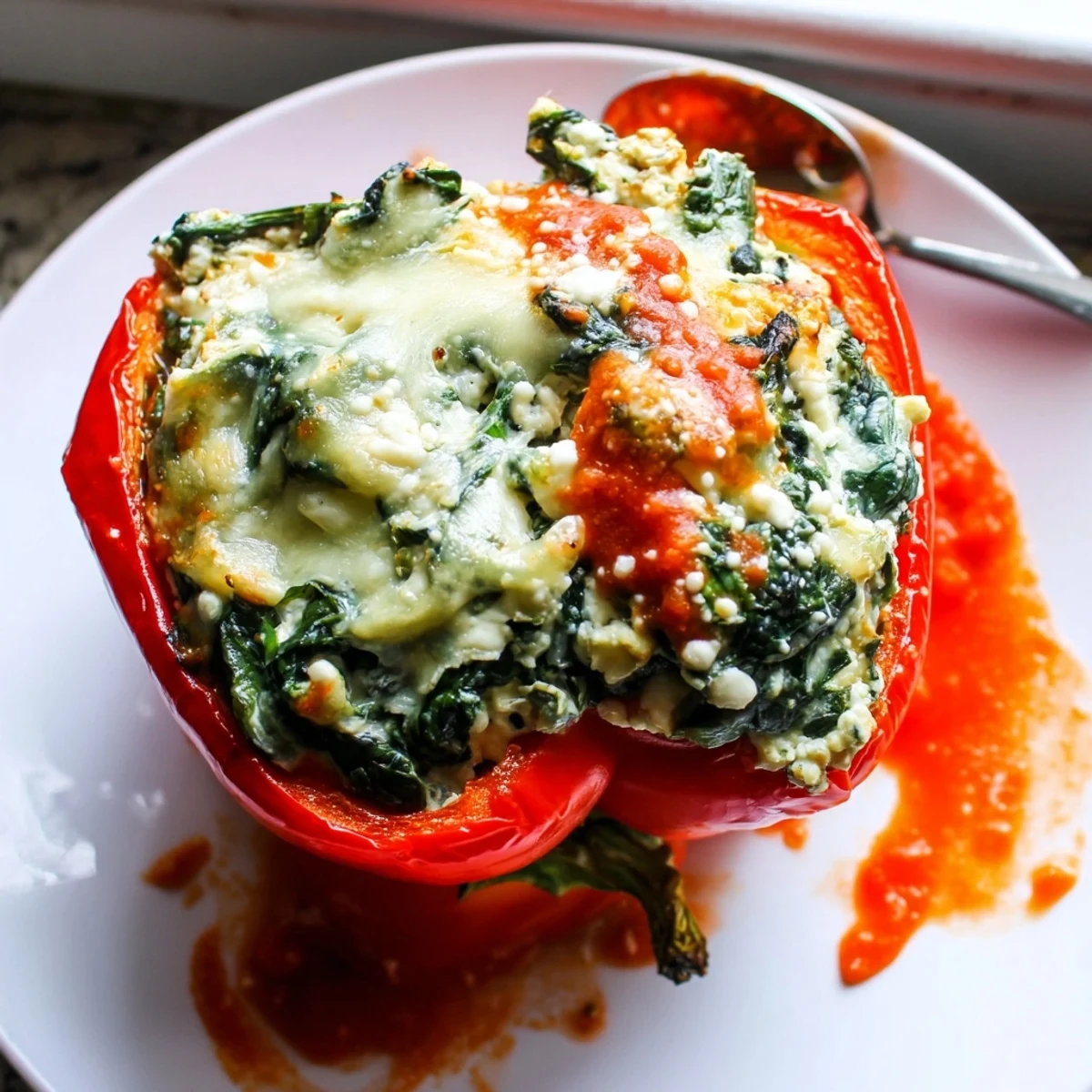 Golden baked ricotta stuffed peppers topped with melted mozzarella and fresh herbs on a rustic plate