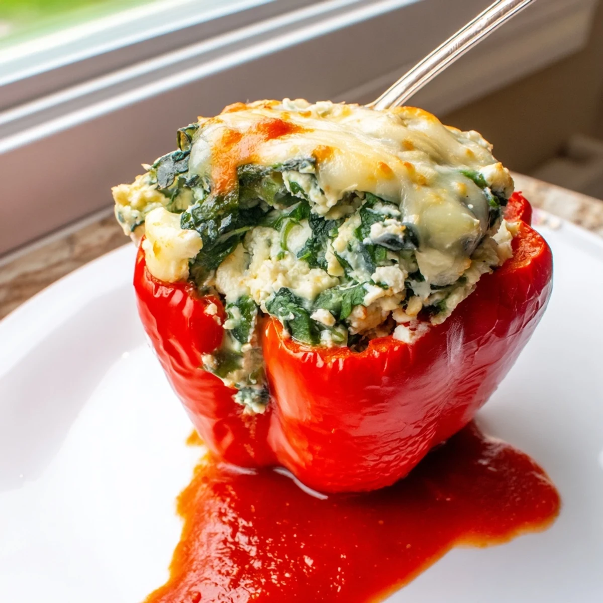 Vibrant bell peppers overflowing with spinach ricotta filling and bubbling parmesan cheese