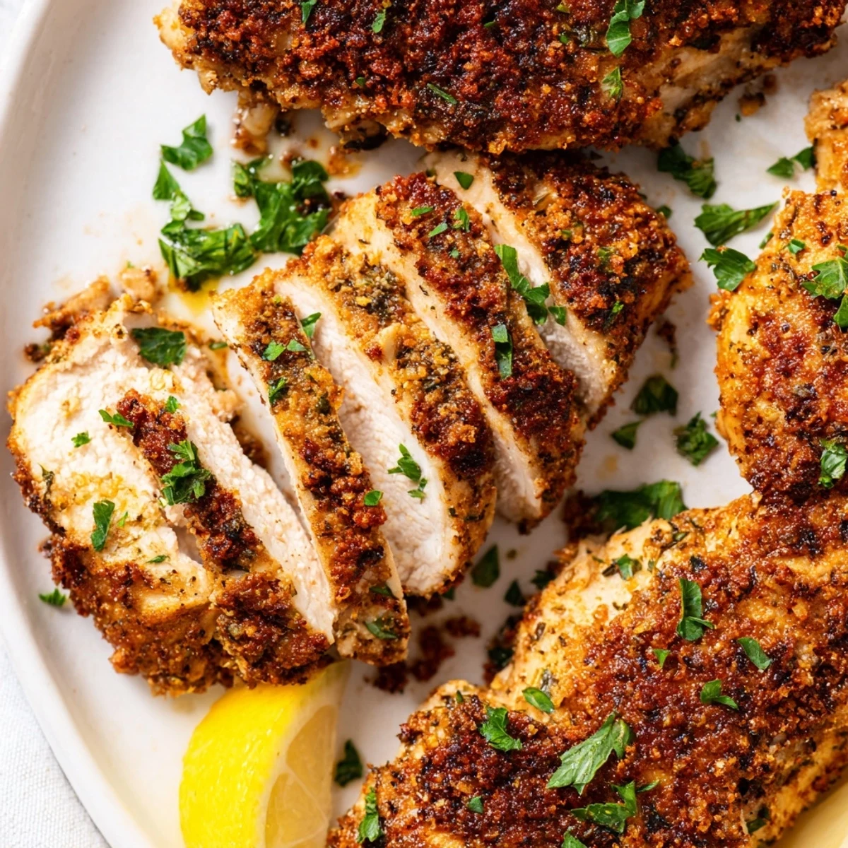 Golden oven baked chicken breasts with herb seasoning on a parchment-lined sheet
