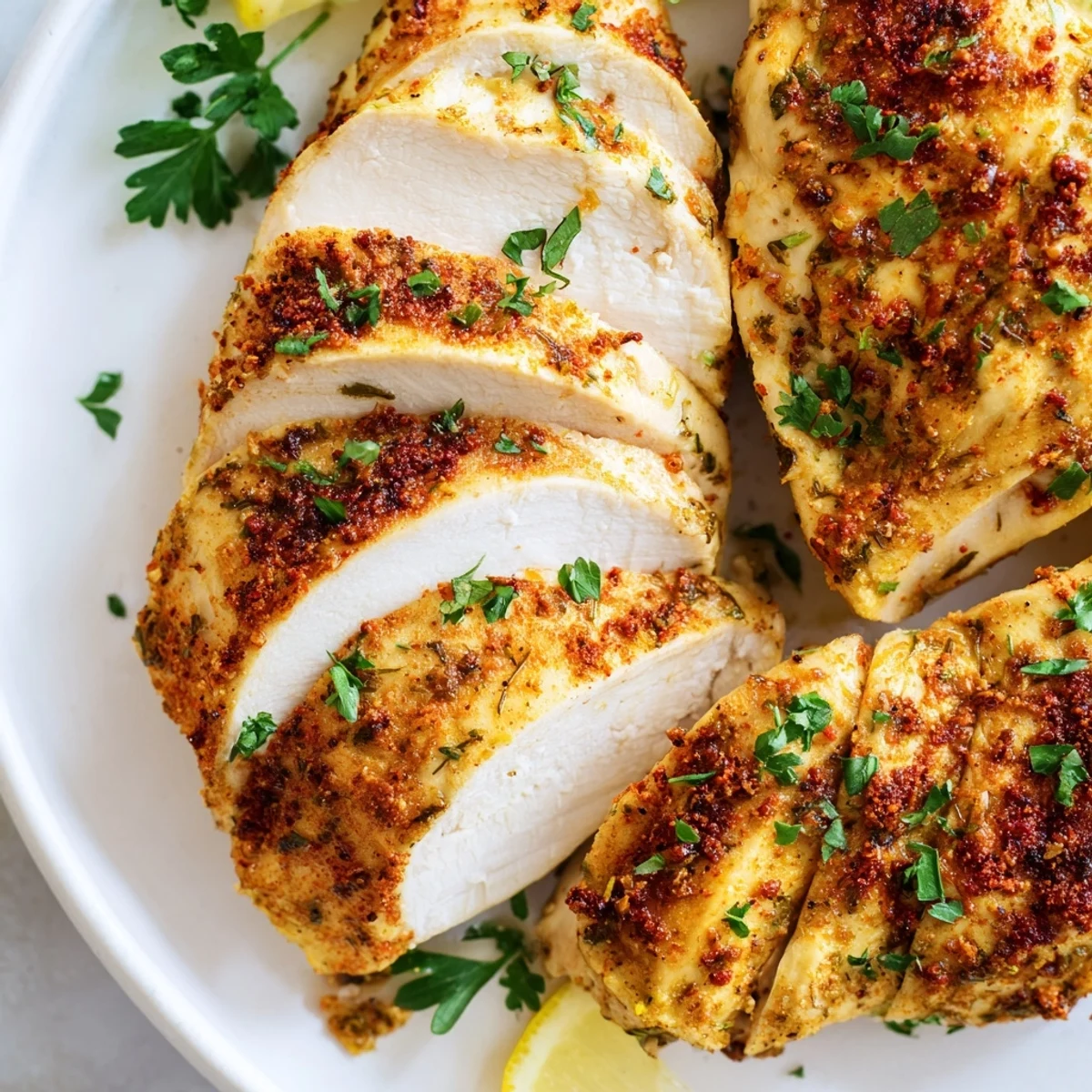 Juicy oven baked chicken breasts sliced open showing tender seasoned meat inside