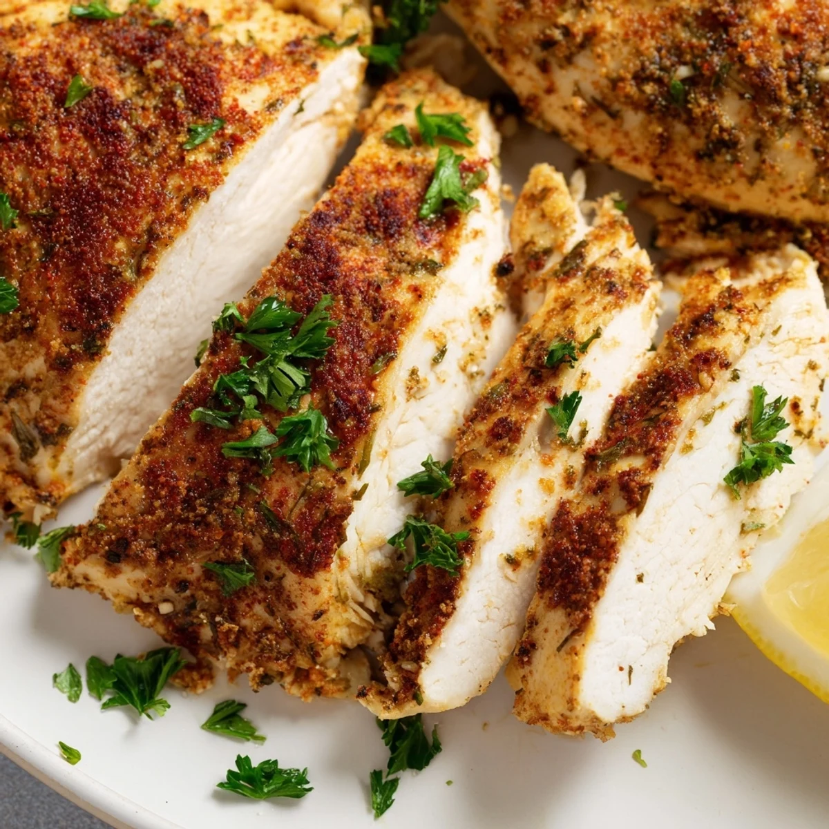 Perfectly cooked oven baked chicken breasts garnished with fresh parsley and lemon wedges