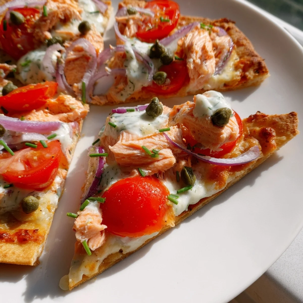 Crispy leftover salmon tortilla pizza topped with melted mozzarella, fresh tomatoes, and red onion slices.  