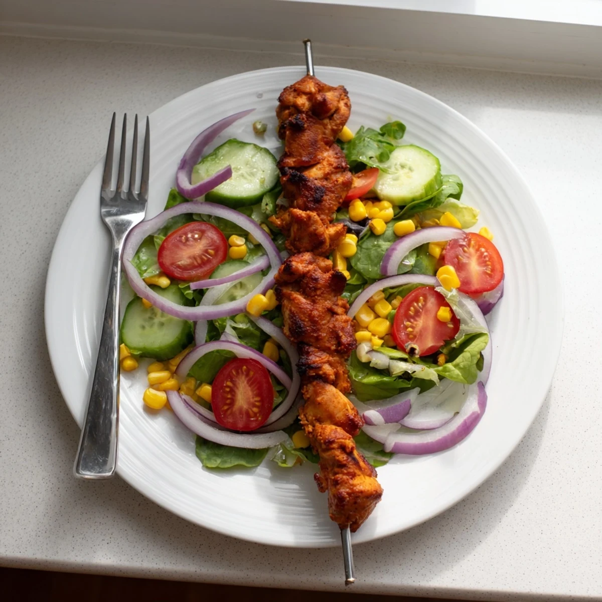 A vibrant BBQ chicken skewer salad featuring grilled chicken atop mixed greens with fresh vegetables