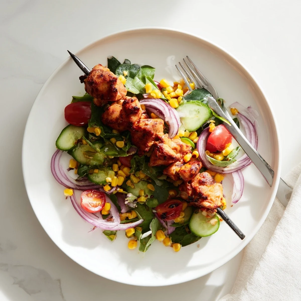 Juicy BBQ chicken skewer salad served with crisp lettuce, peppers, and sweet honey dressing
