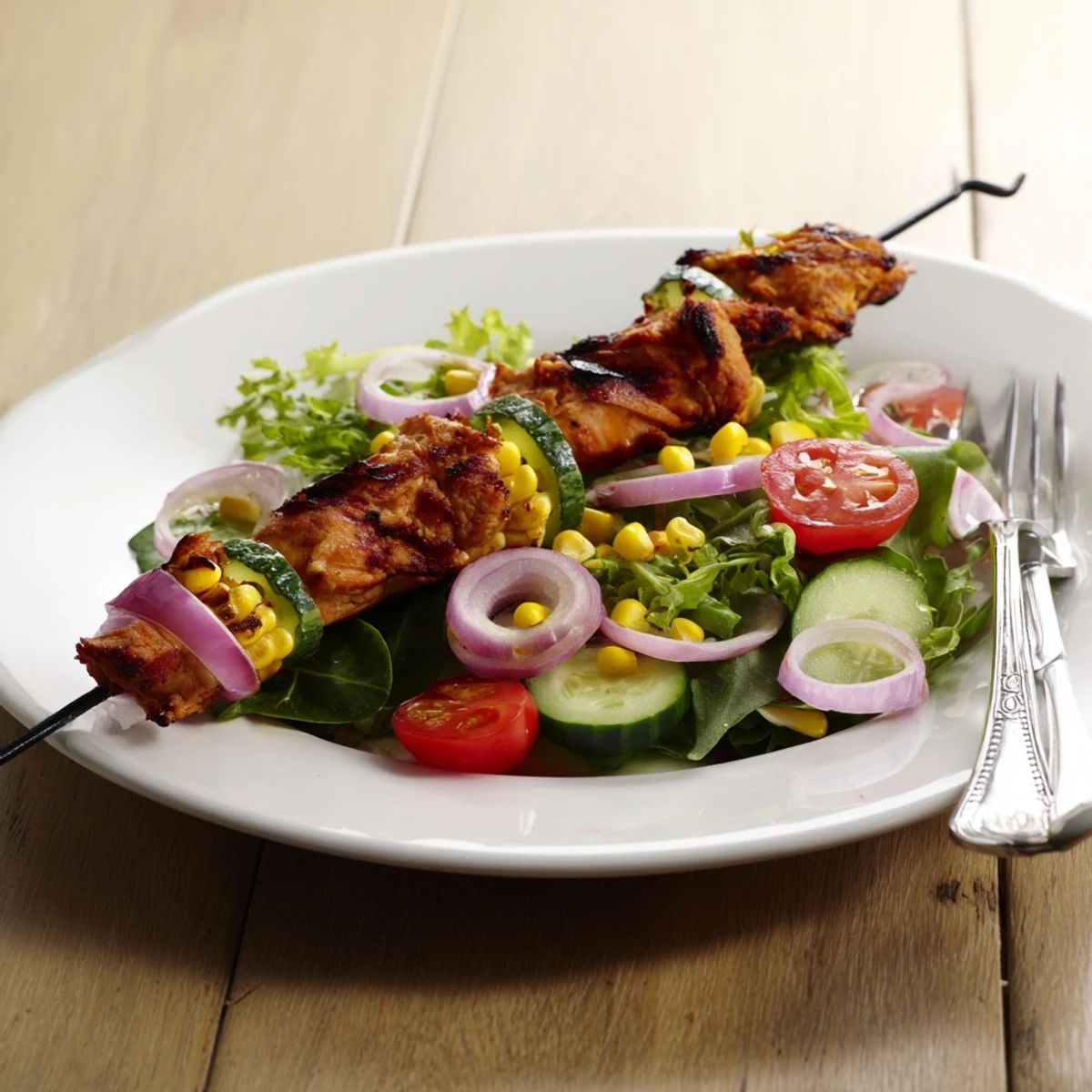 Charred BBQ chicken skewer salad resting on a bed of colorful veggies and tangy dressing