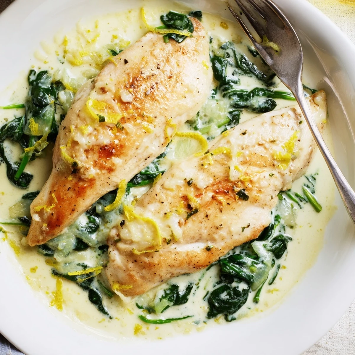 Golden seared chicken breast topped with spinach parmesan crust and fresh lemon zest