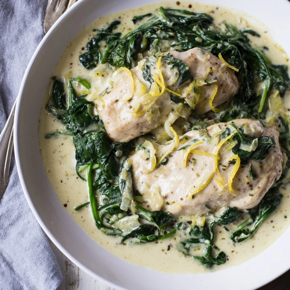Juicy lemon parmesan spinach chicken baked in a creamy white wine sauce
