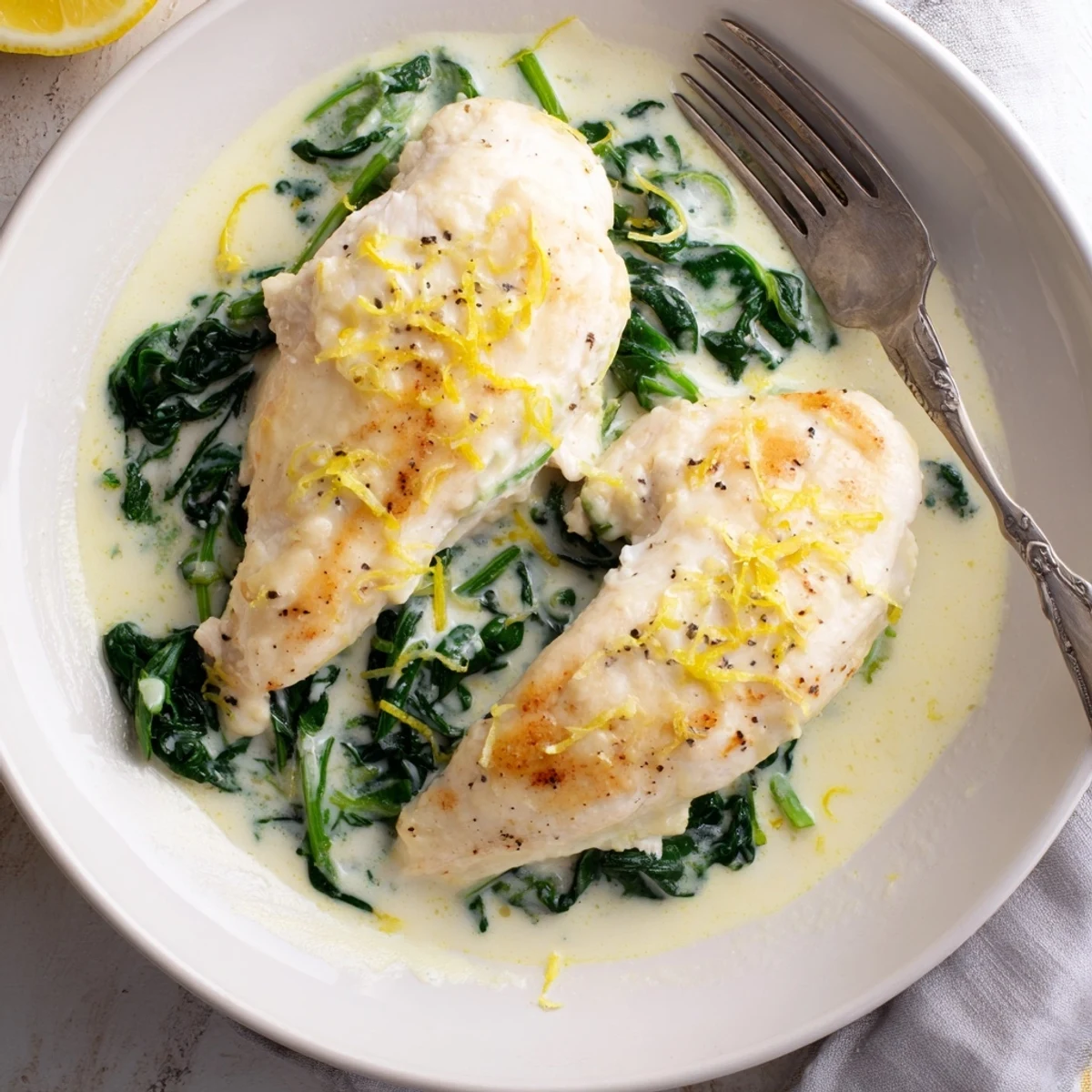 Savory chicken breasts simmering with garlic spinach and tangy lemon parmesan cream sauce