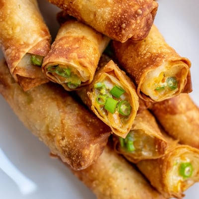 A close-up shows Mini Jalapeño Popper Egg Rolls with melted cheese and jalapeño bits peeking out of crunchy, deep-fried shells.