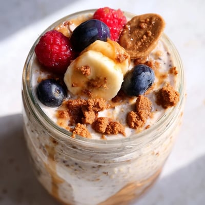 Quick Biscoff Overnight Oats served in a glass jar with a drizzle of melted Biscoff spread and fresh berries.