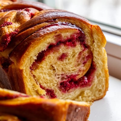 Slices of Raspberry Swirl Brioche Loaf on a wooden board, showing visible red jam swirls and fresh berries.