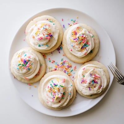 A close-up shows Walmart-Style Sugar Cookies with Buttercream Frosting topped with colorful sprinkles on a party platter.