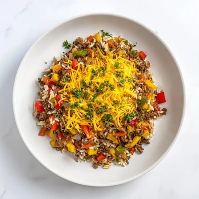 Sizzling Unstuffed Pepper Skillet with colorful bell peppers and savory ground beef in rich tomato sauce.
