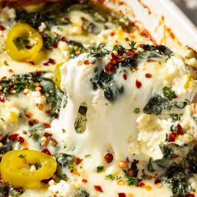 Creamy Spinach and Pepperoncini Baked Feta Dip bubbling from the oven with a golden crust and fresh parsley garnish.