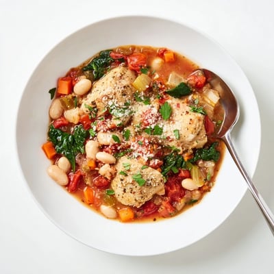 This Tuscan Slow Cooker Chicken Stew features tender chicken thighs, carrots, and bell peppers in a rich tomato herb broth, ready to serve.