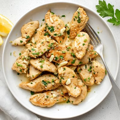 Tender Garlic Butter Chicken served on a plate with lemon wedges and parsley garnish for a fresh finish.