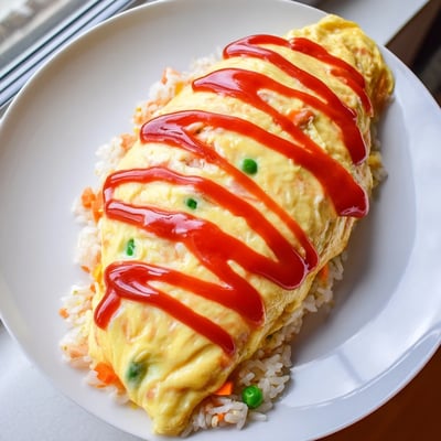 Omurice plated on white dish with glossy egg blanket and zigzag ketchup