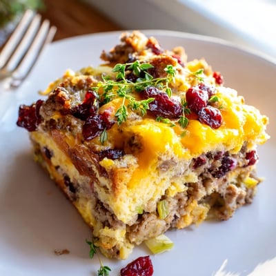 Cranberry sausage stuffing breakfast casserole topped with melted cheddar and fresh parsley