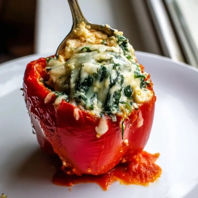 Creamy ricotta stuffed peppers nestled in rich tomato sauce straight from the oven